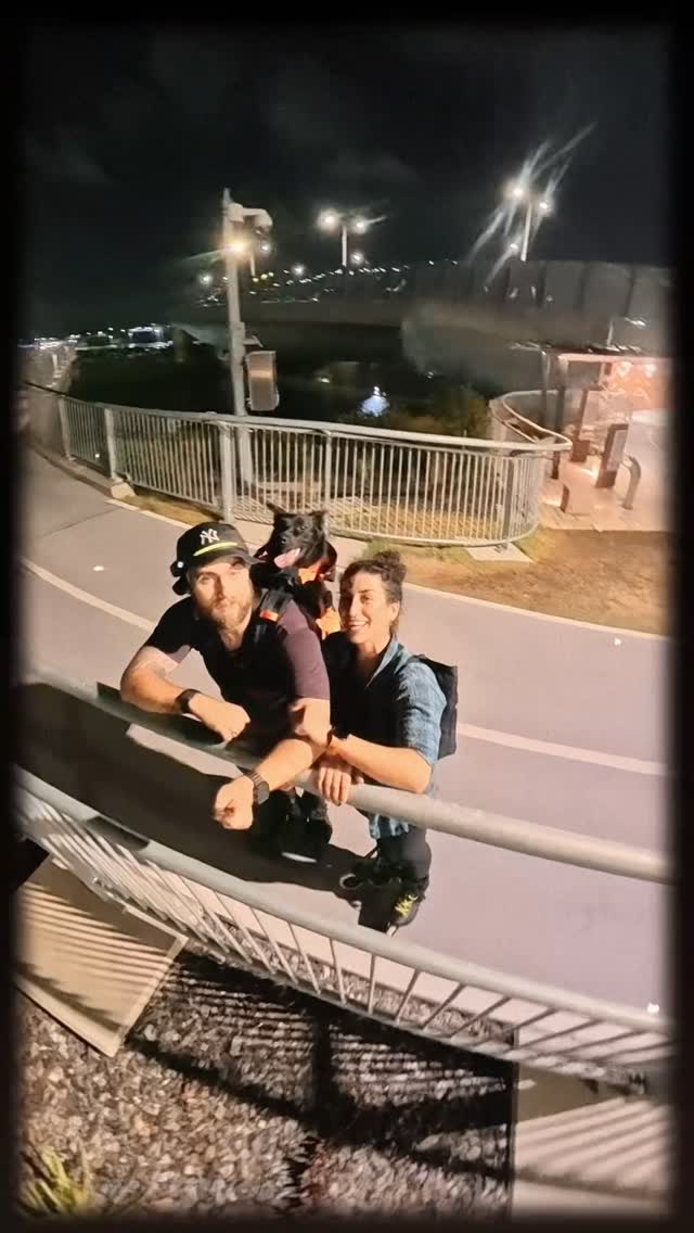 Jake, Laura and Rogue together beside a skate path